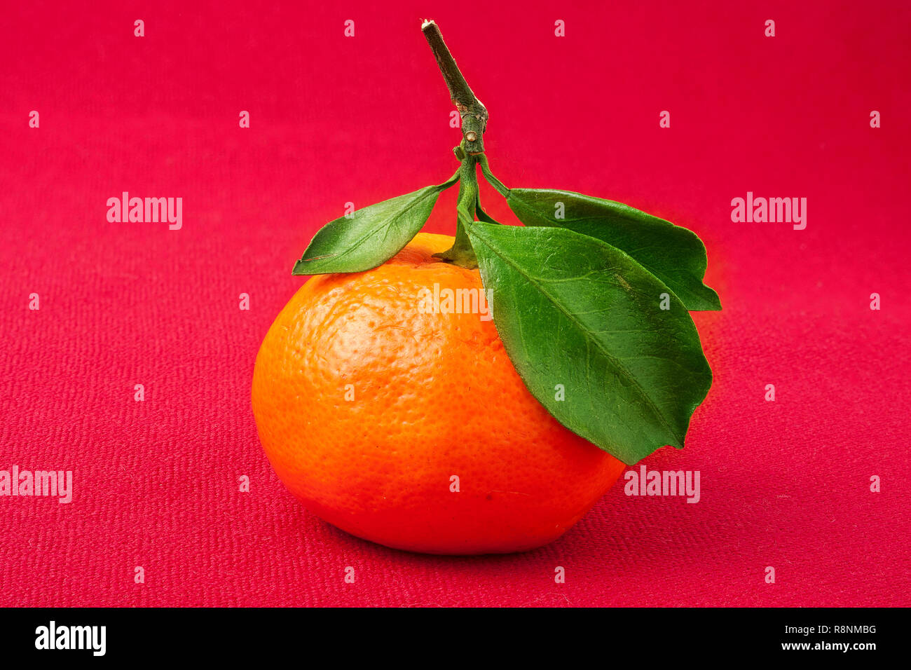 Mandarino, con foglia verde, isolato su sfondo rosso Foto Stock