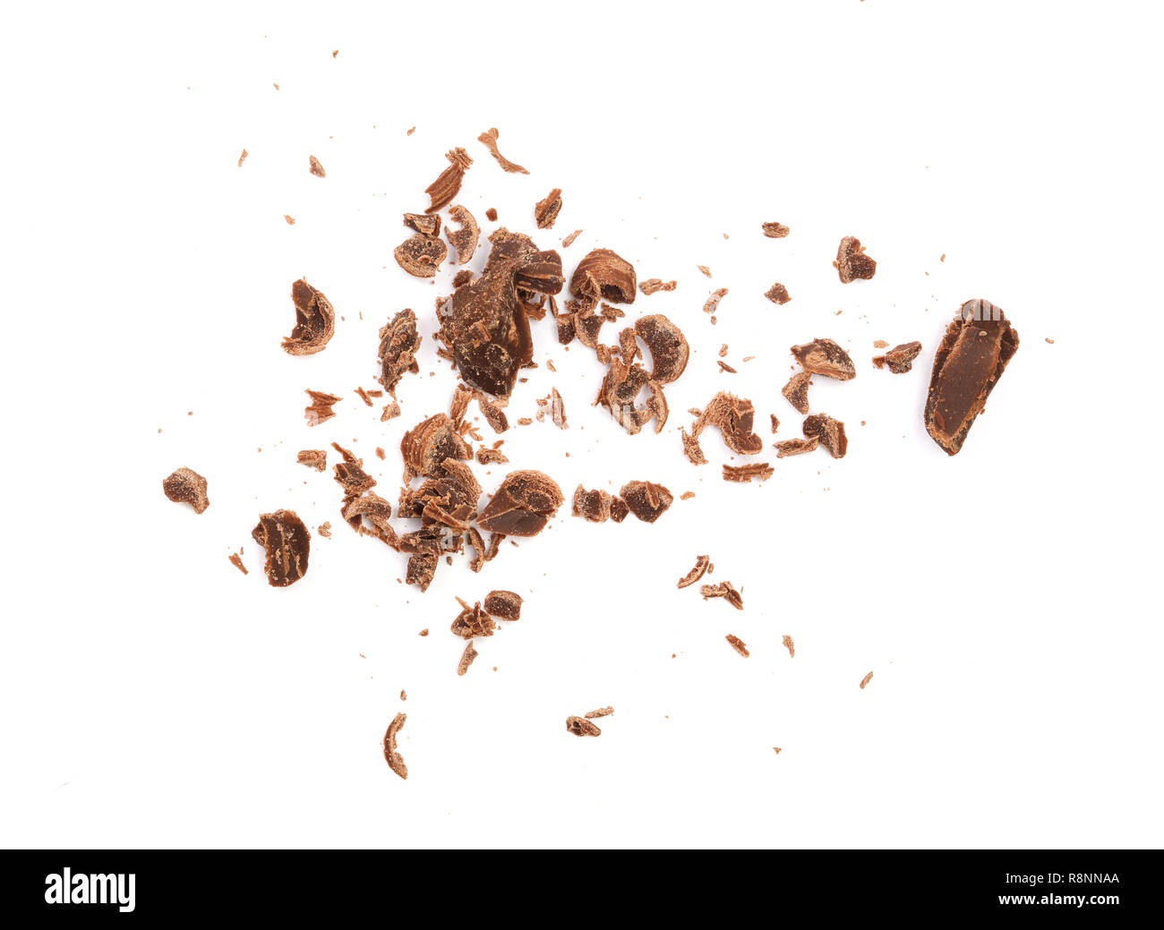Il cioccolato grattugiato isolati su sfondo bianco. Vista superiore Foto Stock