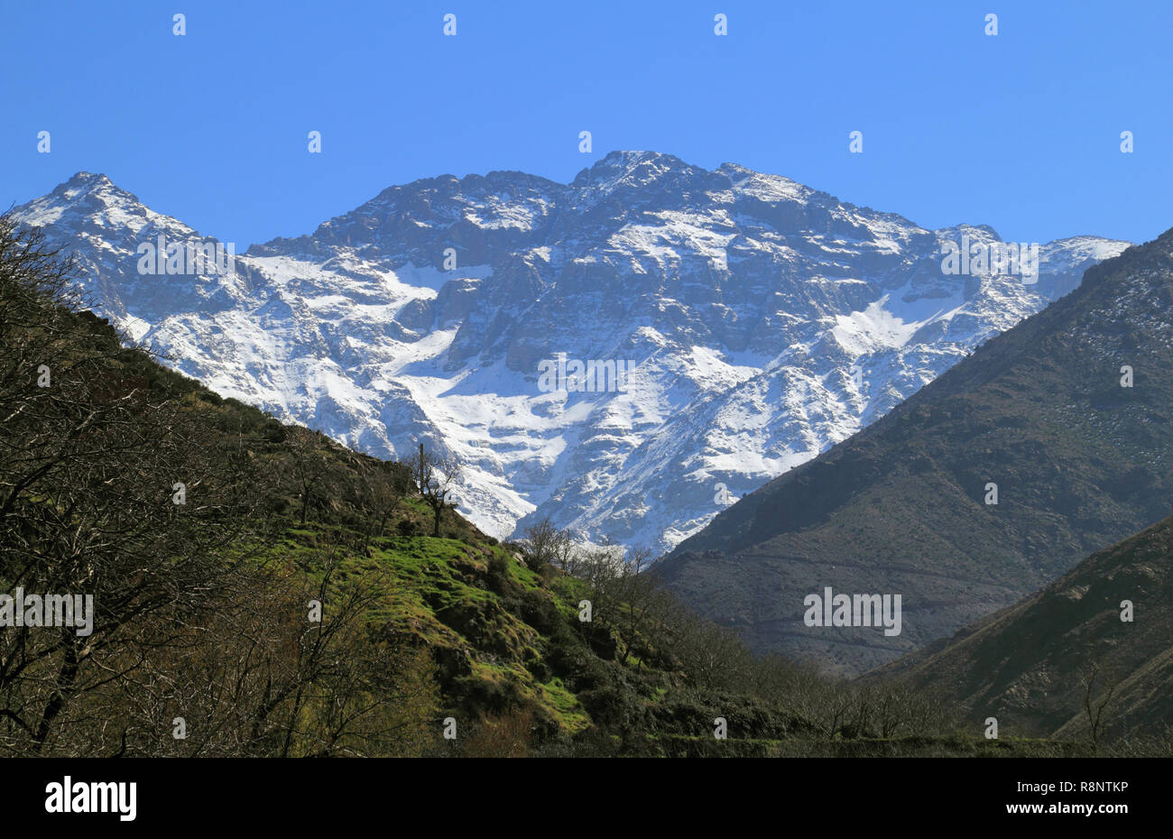 Il Marocco Marrakech l'Alto Atlante Mountain Range e una fertile valle fluviale in Toubkal National Park Foto Stock