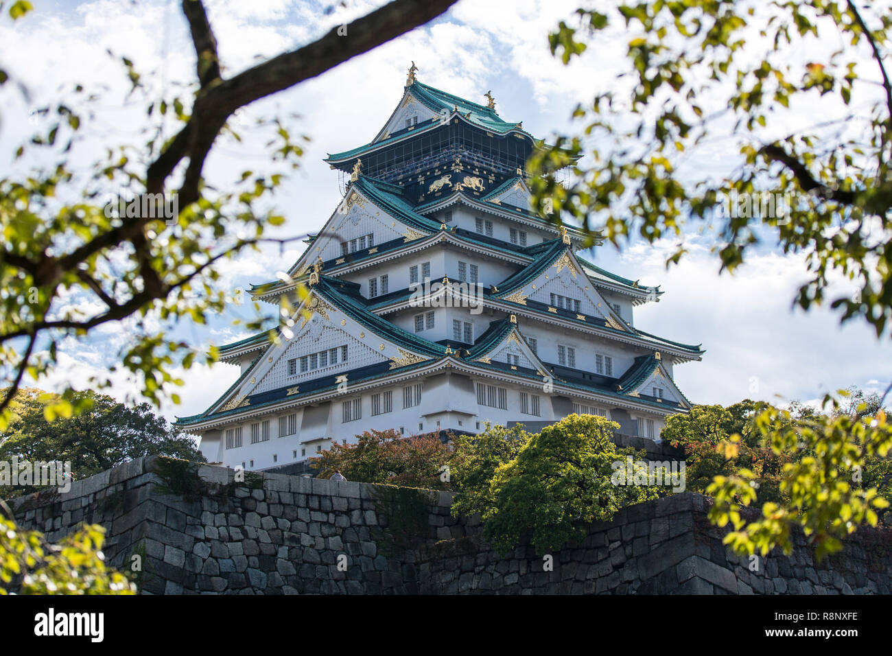 Una bella vista del Castello di Osaka delimitate da alberi Foto Stock