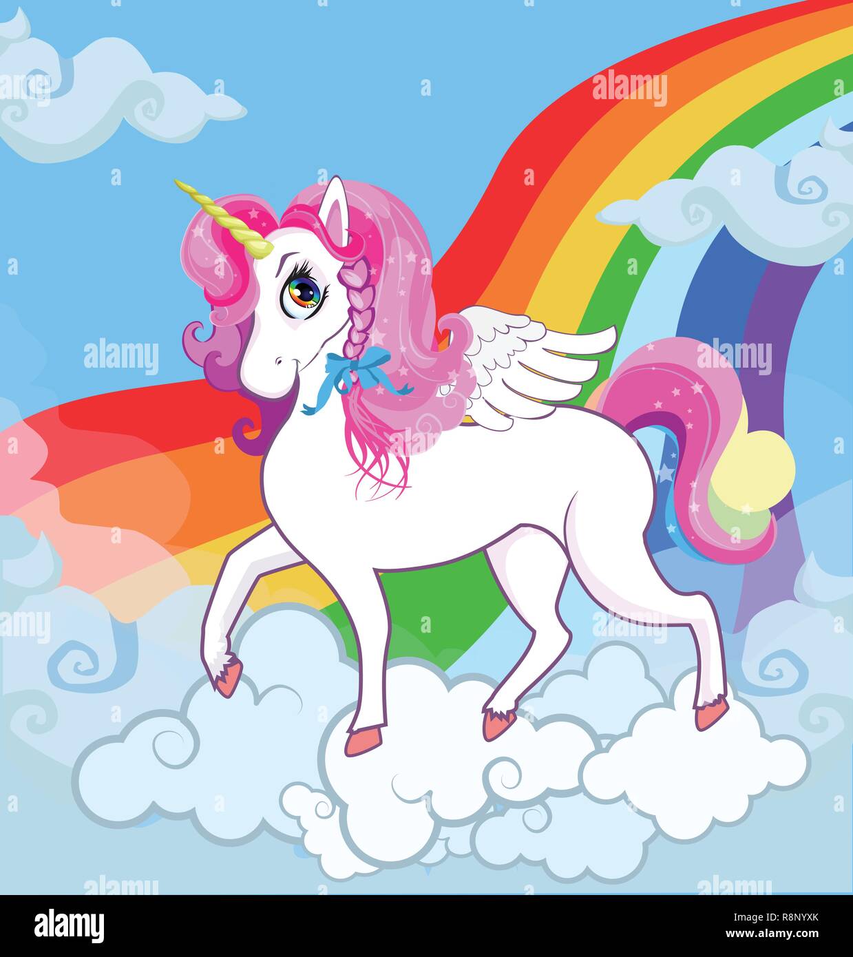 Vettore multicolore cartoon baby illustrazione del cavallino bianco unicorn princess carattere con grandi occhi, Golden Horn, ali di piume e rosa mane in piedi Illustrazione Vettoriale