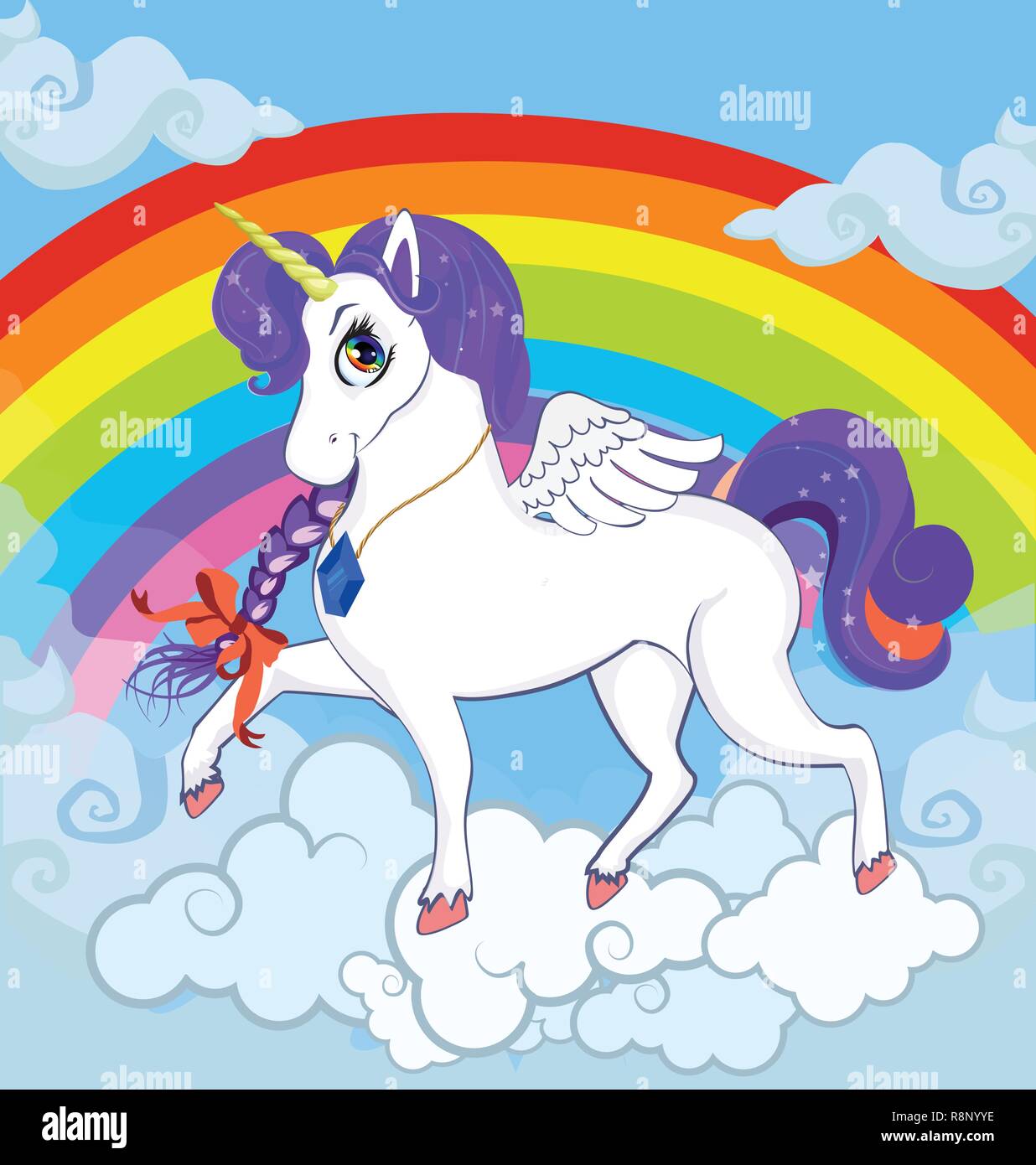 Vettore multicolore cartoon baby illustrazione del cavallino bianco unicorn princess carattere con grandi occhi, Golden Horn, ali di piume e violetta mane standin Illustrazione Vettoriale