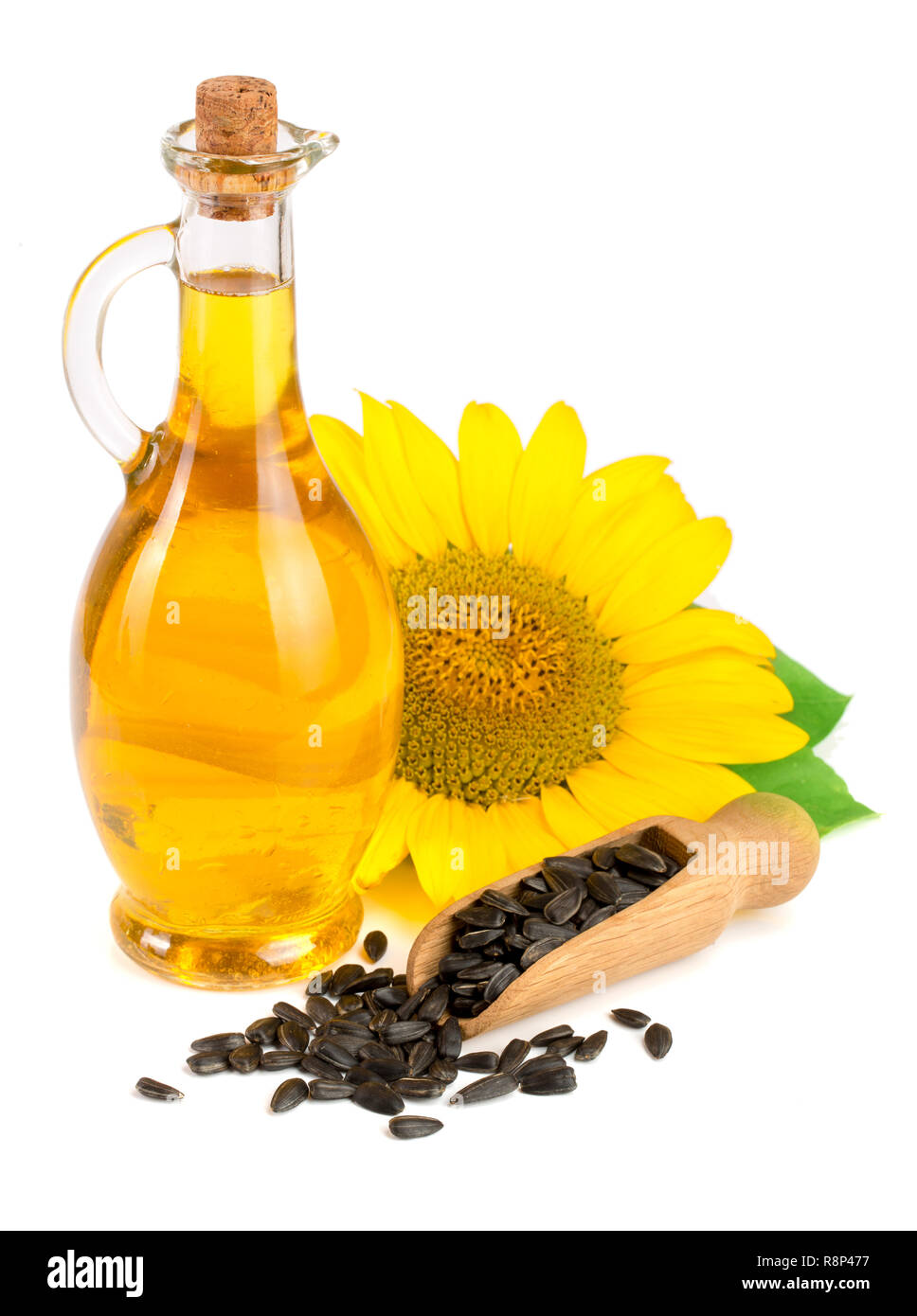 Olio di semi di girasole, semi e fiori isolati su sfondo bianco Foto Stock