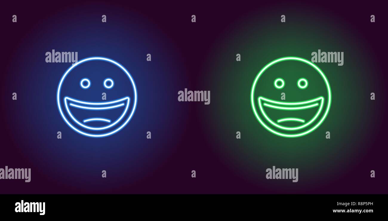 Illustrazione al neon di ridere gli Emoji. Icona del vettore di fumetto di ridere gli Emoji con occhi rotondi in profilo neon stile, colori blu e verde. Emoti incandescente Illustrazione Vettoriale
