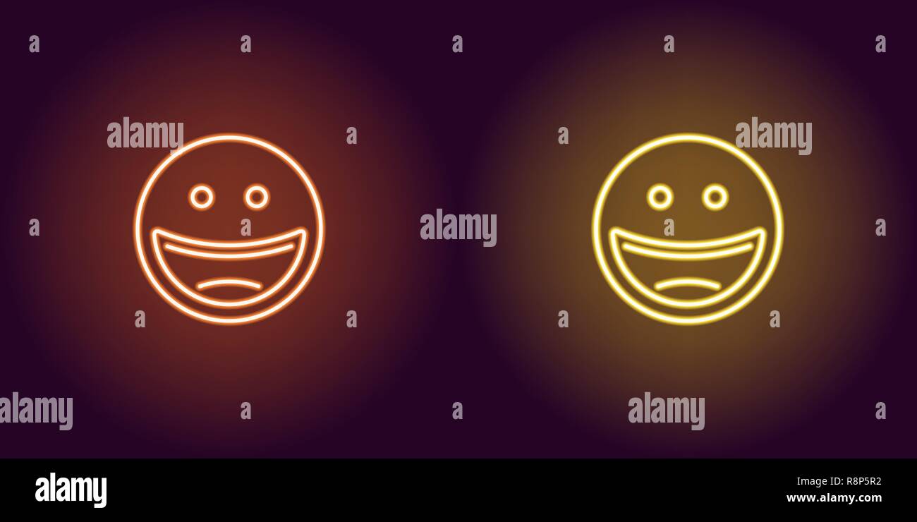 Illustrazione al neon di ridere gli Emoji. Icona del vettore di fumetto di ridere gli Emoji con occhi rotondi in profilo neon stile, arancione e colori di giallo. Incandescente em Illustrazione Vettoriale