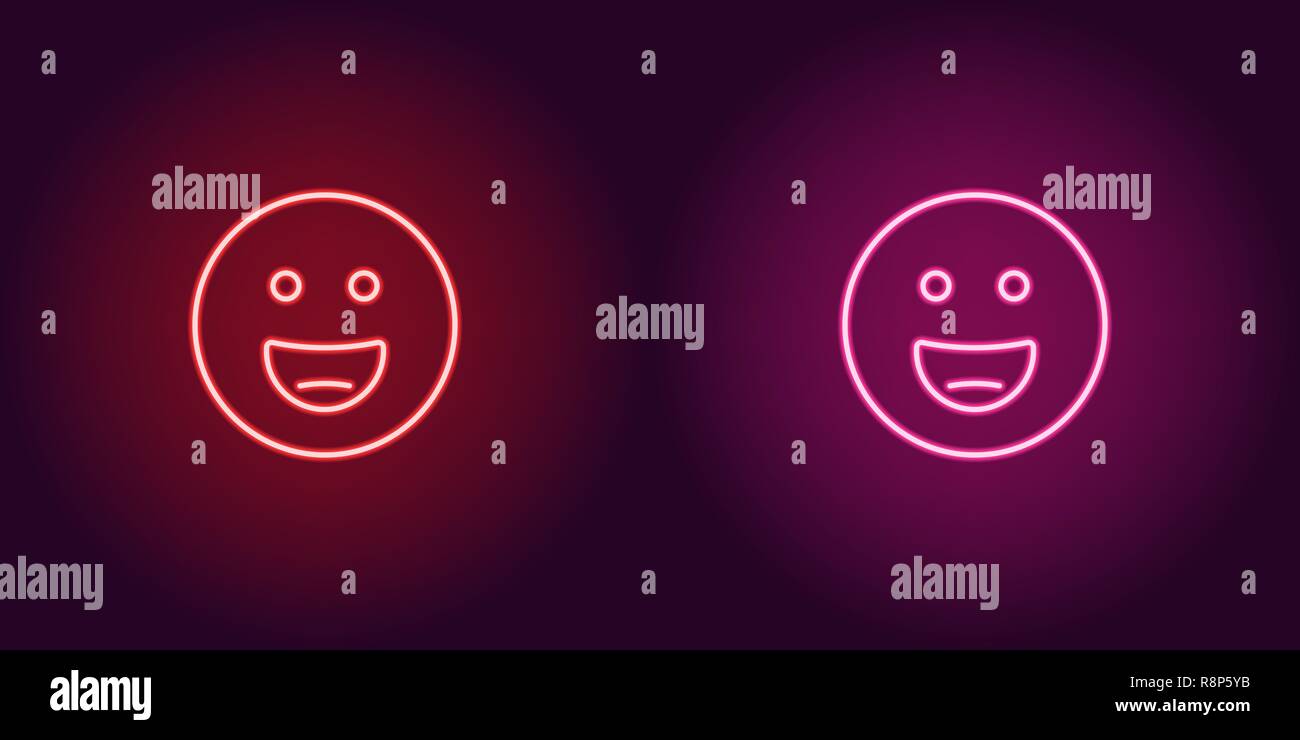 Il Neon illustrazione del grinning gli Emoji. Icona del vettore di fumetto di ridere gli Emoji con occhi rotondi in profilo neon stile, rosso e rosa di colori. Emotico incandescente Illustrazione Vettoriale