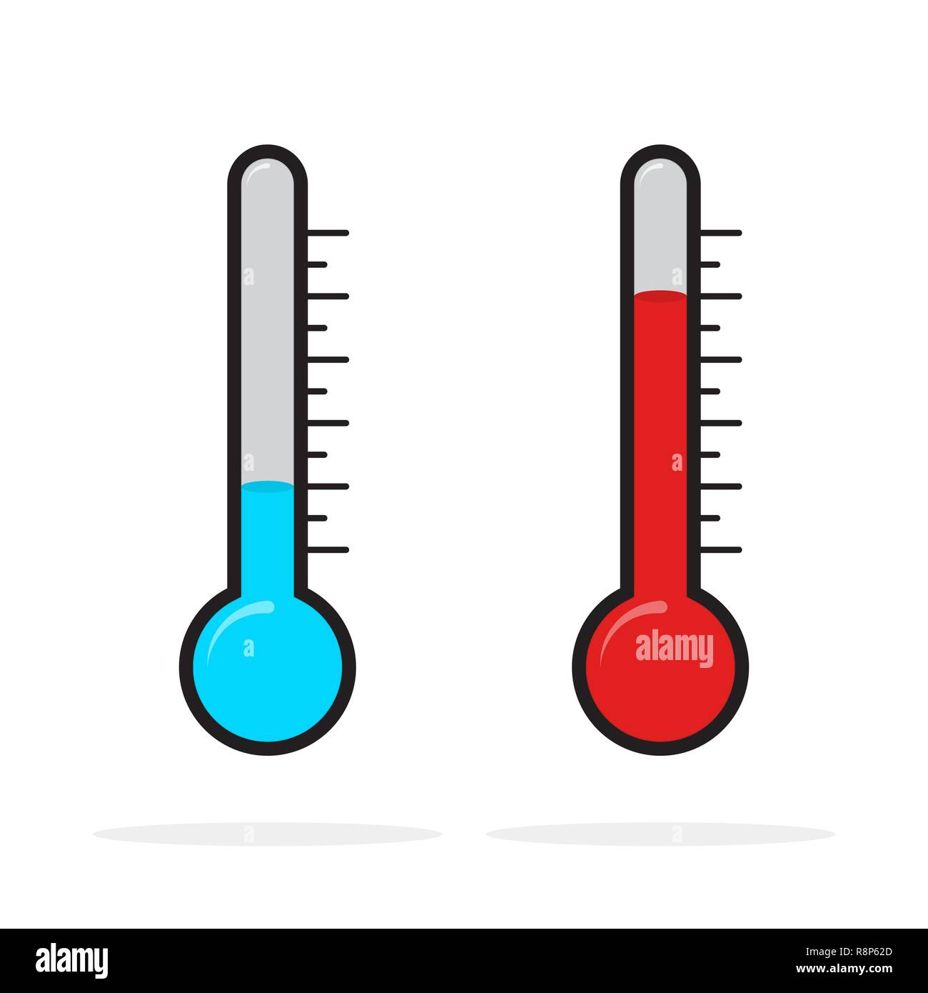 Icone di termometri con diversi livelli. Illustrazione Vettoriale. Blu e rosso indicatori termometro in uno stile piatto Illustrazione Vettoriale