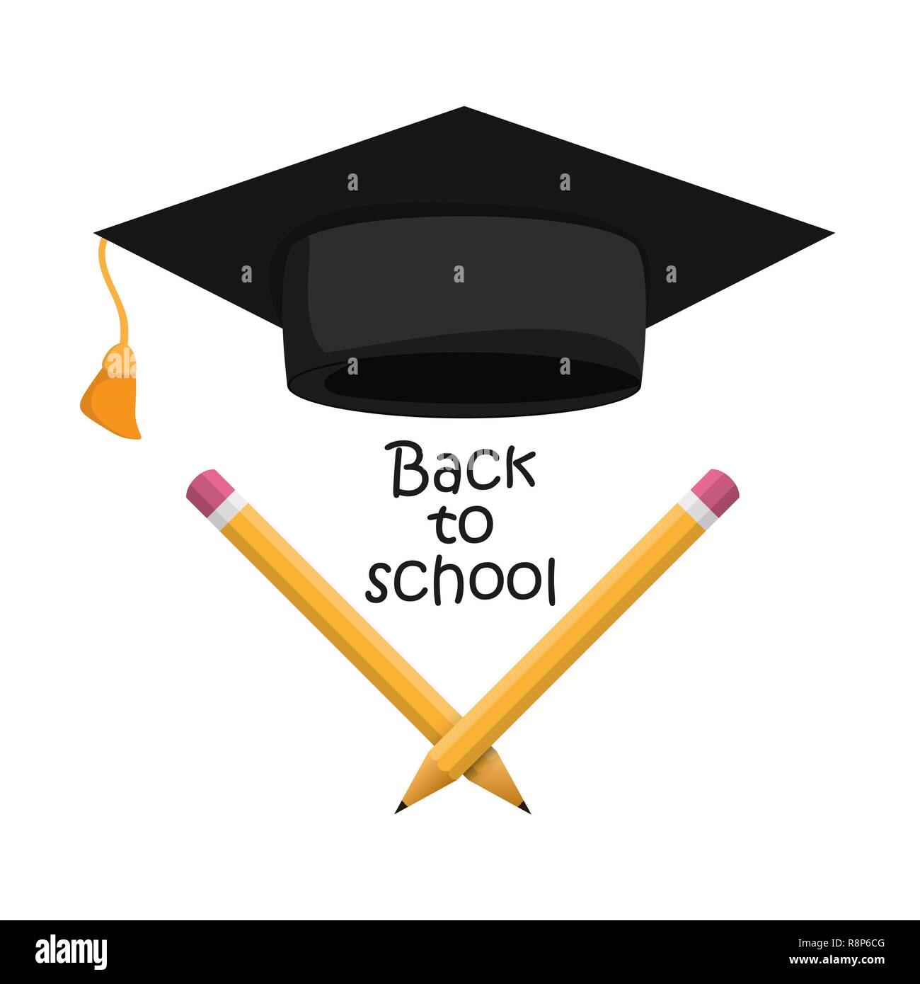 Si torna a scuola banner con matite e grad hat, isolato su sfondo bianco. Illustrazione Vettoriale. Illustrazione Vettoriale