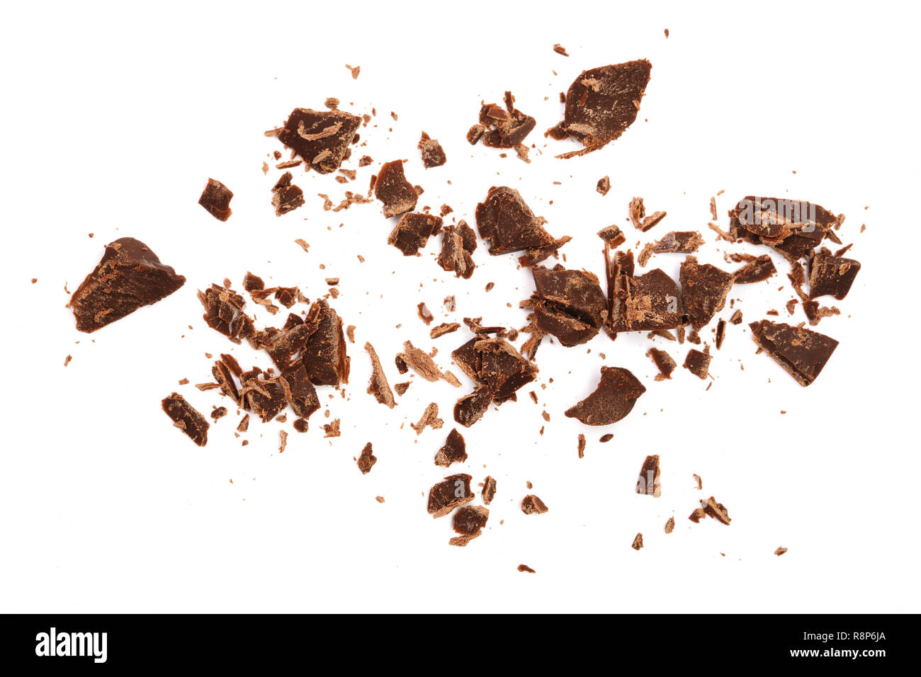Il cioccolato grattugiato isolati su sfondo bianco. Vista superiore Foto Stock