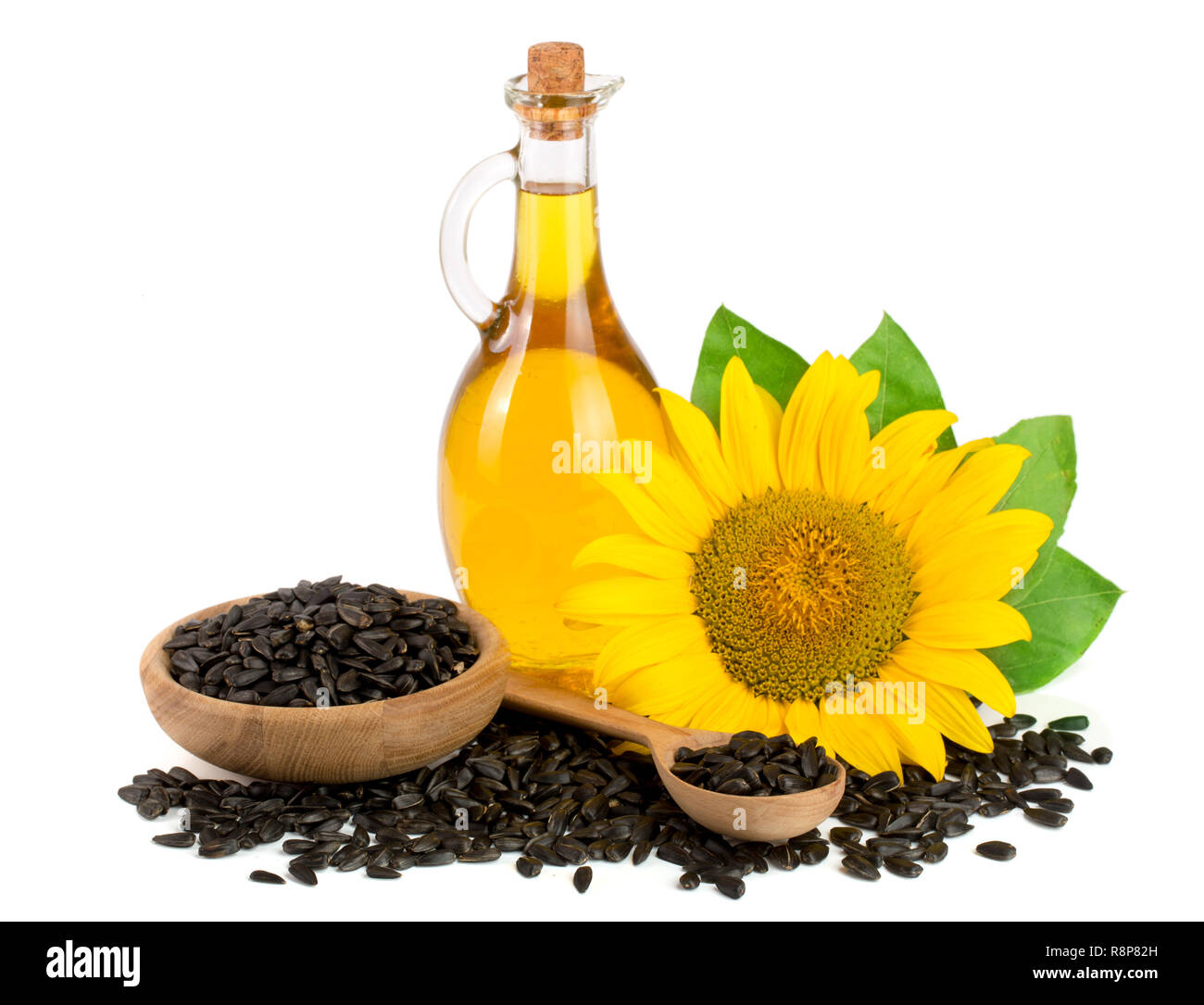 Olio di semi di girasole, semi e fiori isolati su sfondo bianco Foto Stock