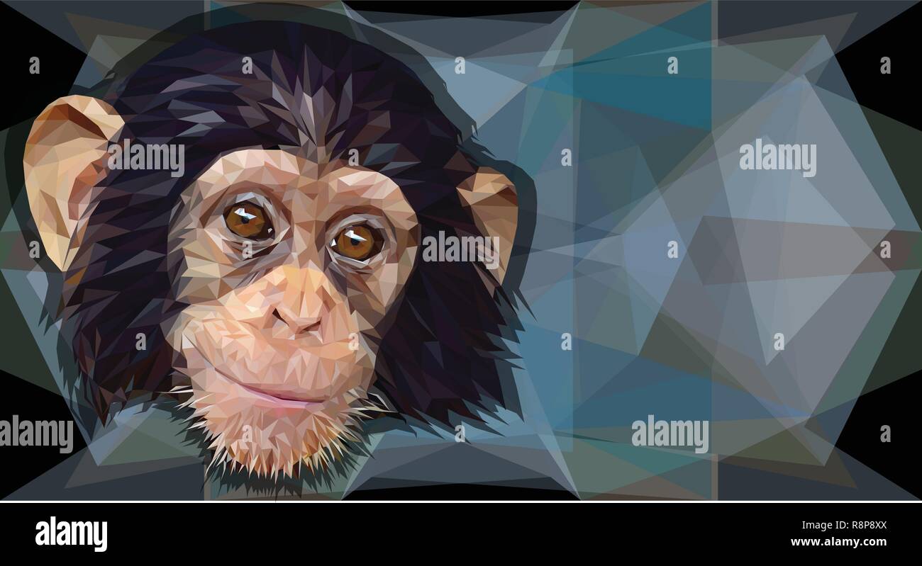 Illustrazione disegno poligonale di giovani faccia di scimpanzé. Illustrazione Vettoriale