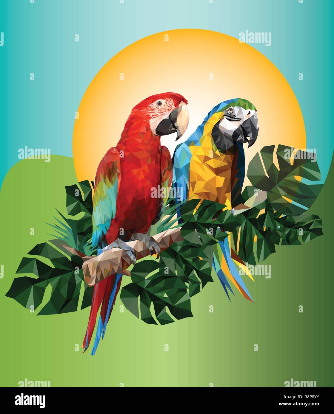 Illustrazione disegno poligonale di ala verde e blu e oro macaw uccelli con foglia tropicale. Illustrazione Vettoriale