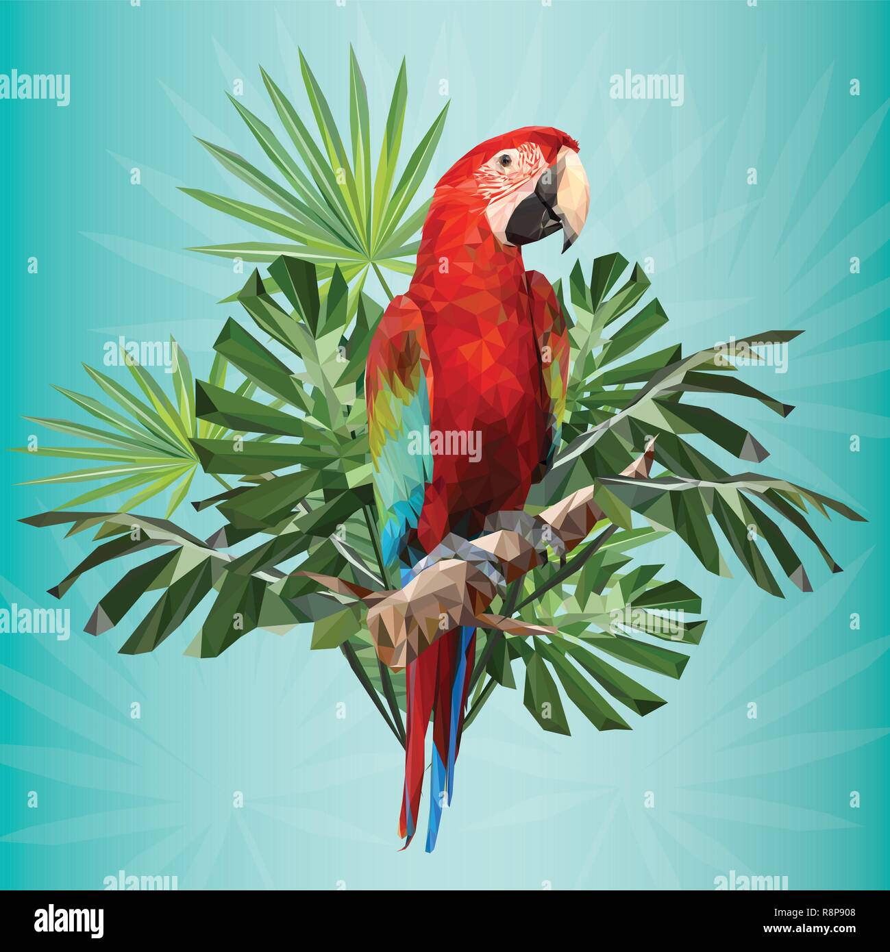 Illustrazione disegno poligonale di ala verde macaw bird con foglia tropicale. Illustrazione Vettoriale