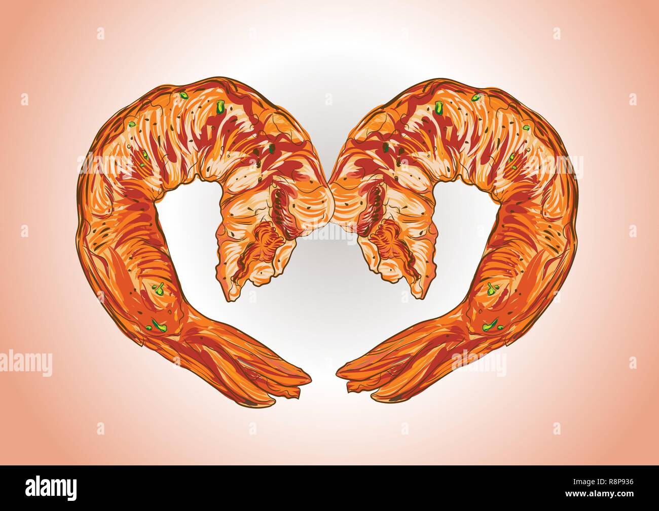 Gamberi alla griglia in stile barbecue piccante mista ,l'ingrediente impostato in nero backgrount con fumo in studio di illuminazione. Illustrazione Vettoriale