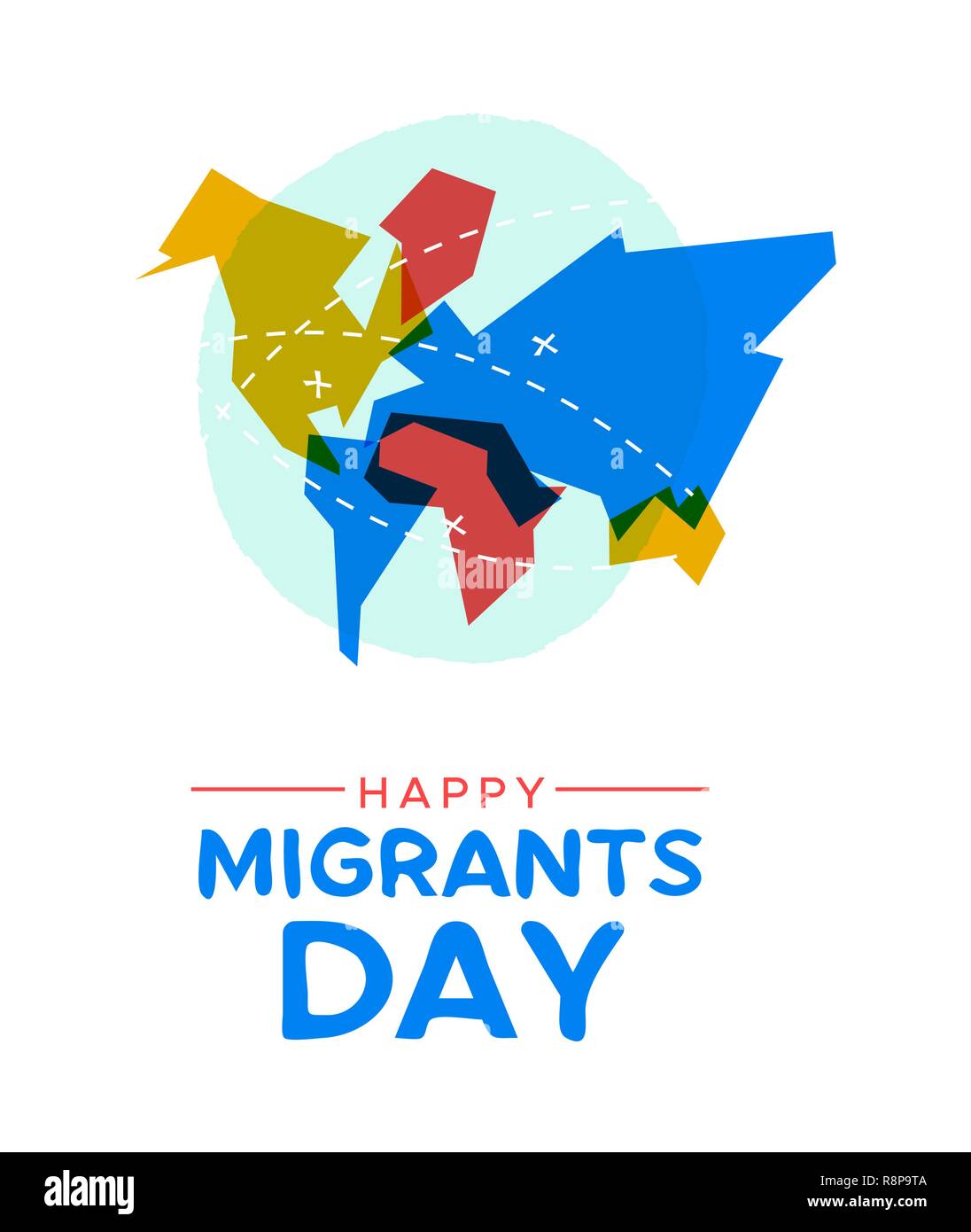 La Giornata Internazionale dei Migranti greeting card illustrazione colorata mappa del mondo con i marchi di viaggio e destinazioni per la migrazione globale o movimento dei rifugiati Illustrazione Vettoriale