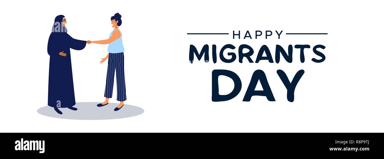 La Giornata Internazionale dei Migranti di banner per il web di illustrazione, due donne amici provenienti da diverse culture saluto di benvenuto a un nuovo paese, migrazione globale, Illustrazione Vettoriale