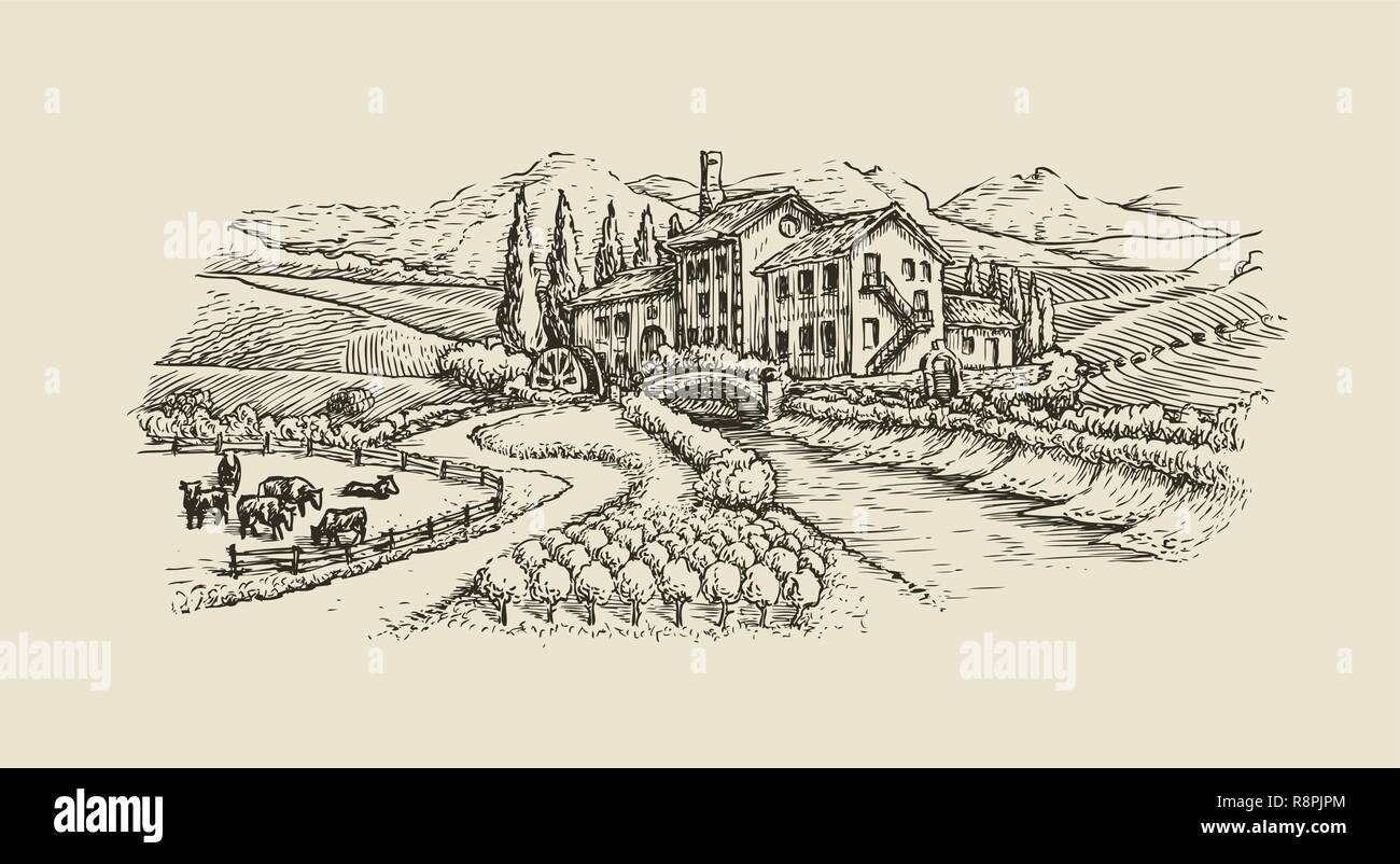 Paesaggio di fattoria, villaggio sketch. Agricoltura, disegnati a mano vintage illustrazione vettoriale Illustrazione Vettoriale