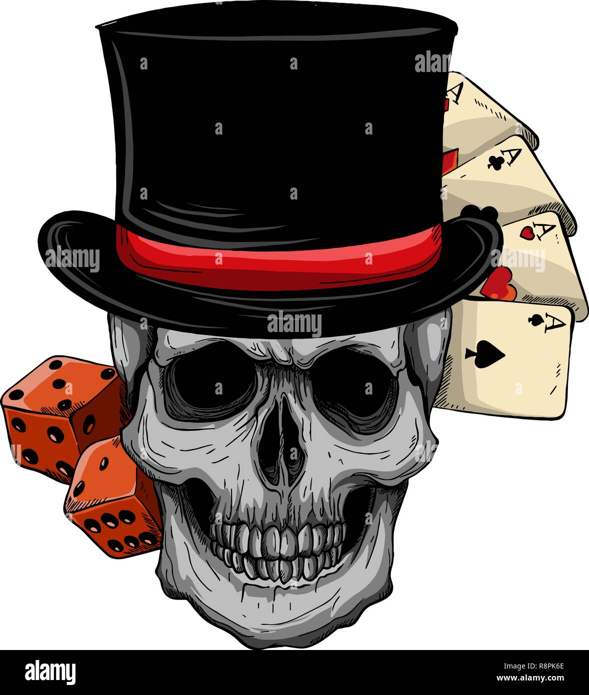 Cranio di vettore con top hat e gioco di casino Illustrazione Vettoriale