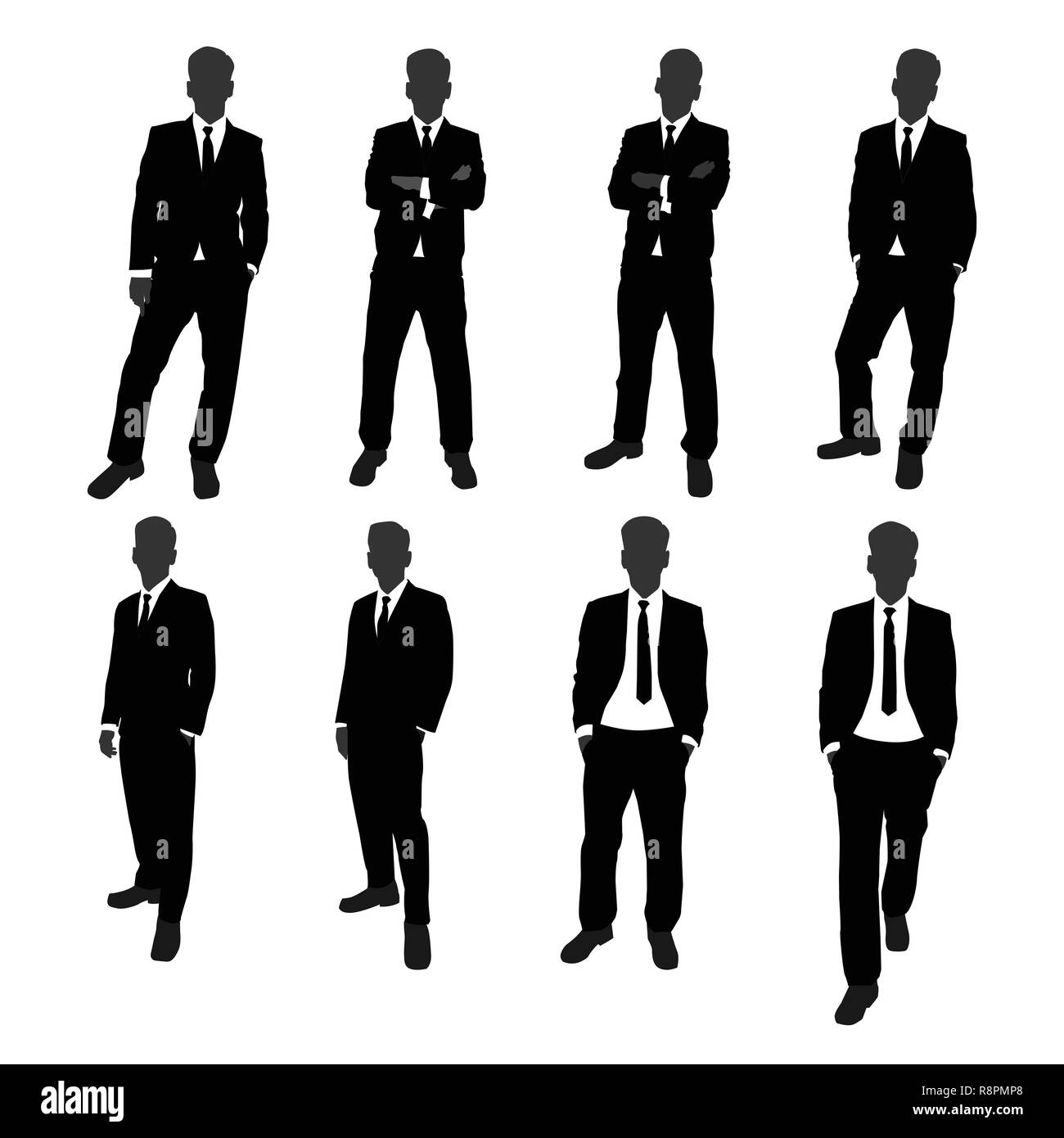 Set di vettore di stand imprenditore silhouette corpo pieno. imprenditore con differente azione di posa Illustrazione Vettoriale