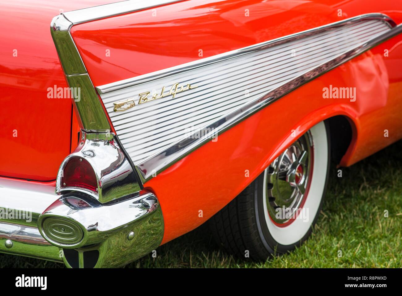 Stati Uniti, New England, Massachusetts, Beverly, auto d'epoca, 1957 Chevrolet Bel Air, pinna di coda Foto Stock