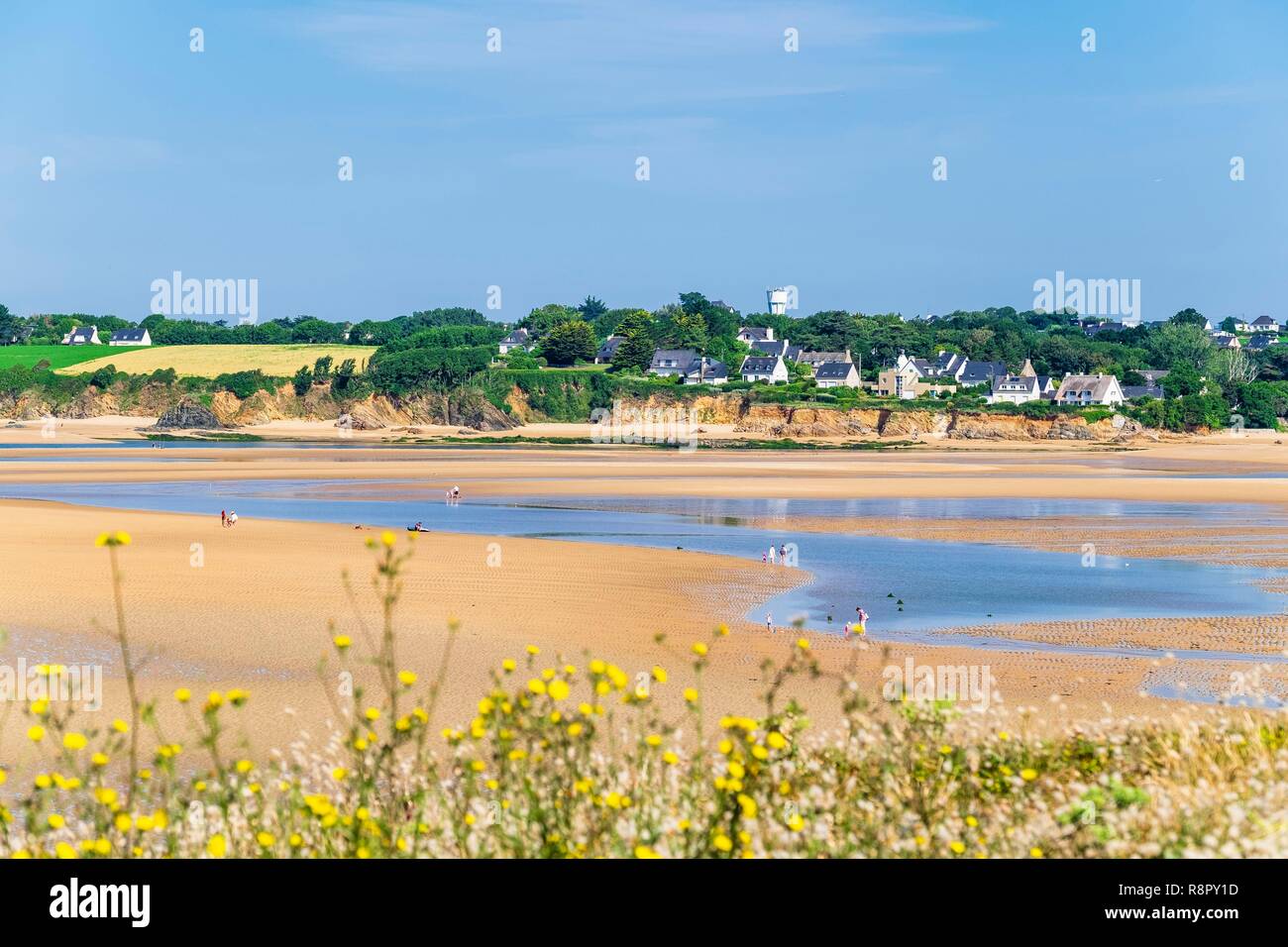 Francia, Morbihan, Guidel, la foce del fiume Laïta, costiere fiume che segna il limite con Finisterre, Clohars-Carnoet in background Foto Stock