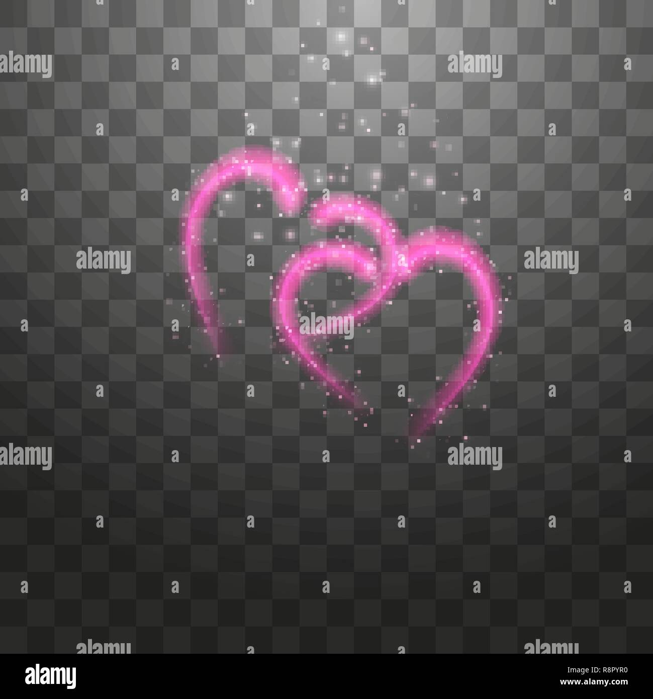 Happy Valentines Day greeting card. Io vi amo. 14 febbraio. Sfondo di vacanza con due cuori rosa, luce, stelle su sfondo trasparente. Illustrazione Vettoriale Illustrazione Vettoriale