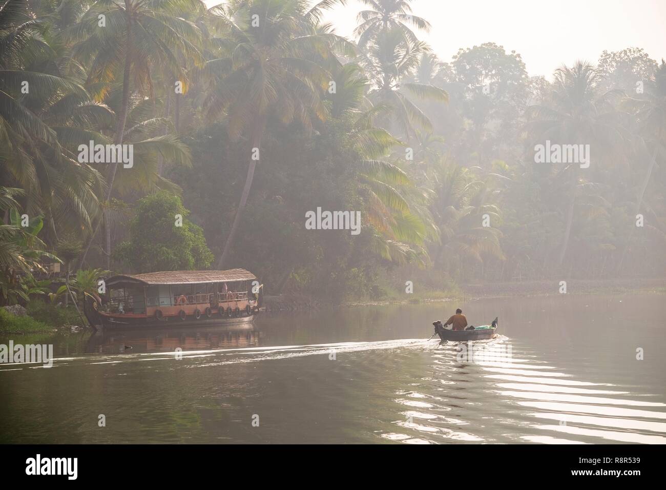 India, stato del Kerala, Kumarakom, paesino immerso nella cornice del Lago Vembanad, kettuvallam (casa tradizionale barca) e pescatore per le lagune (lagune e canali di reti) Foto Stock