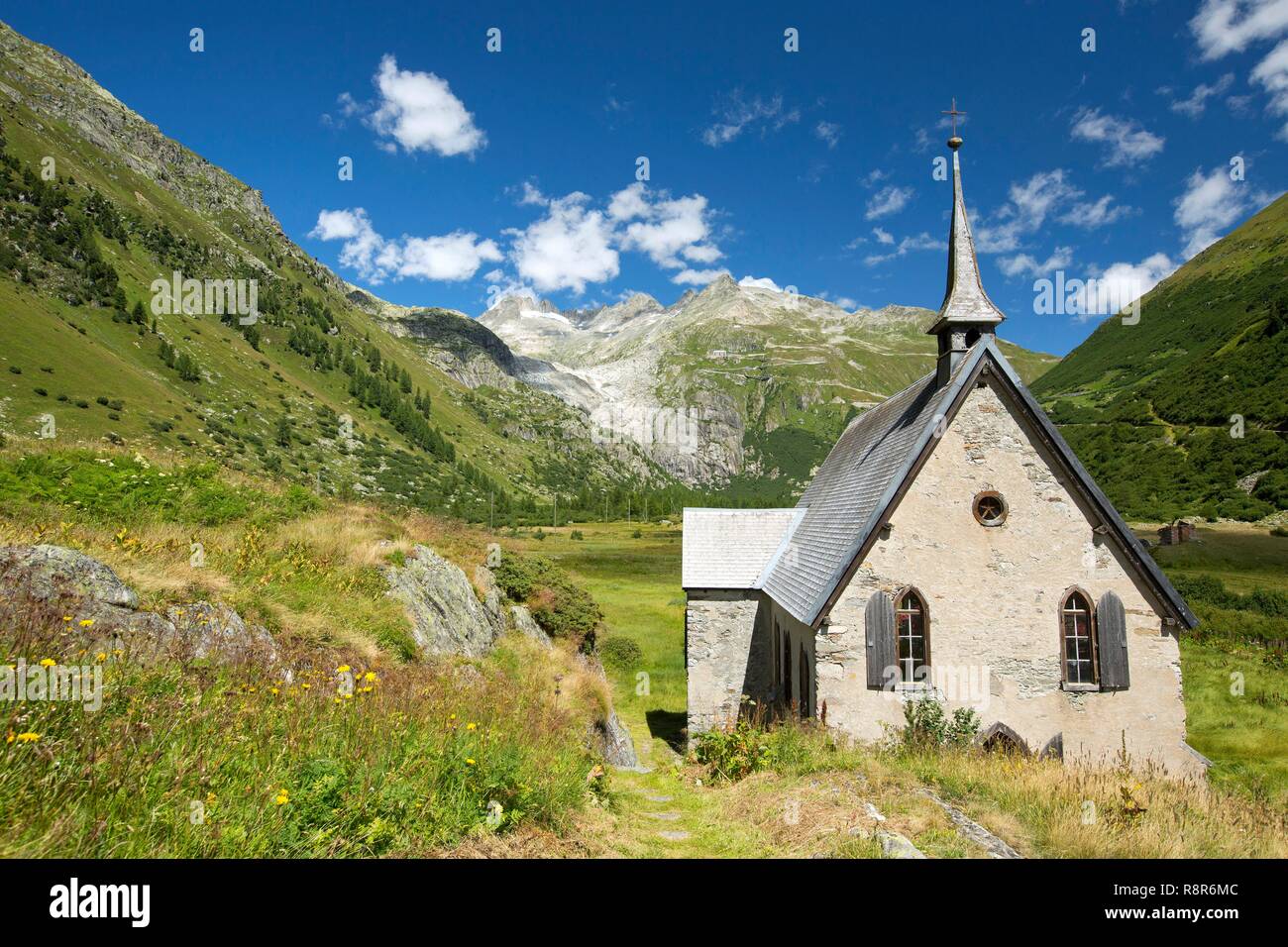 La Svizzera nel canton Vallese, Gletsch, cappella anglicana Foto Stock