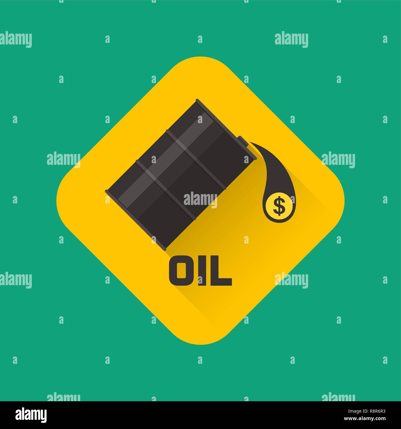 Badge di fianco con olio e caduta della goccia con un simbolo del dollaro. Una illustrazione vettoriale in stile appartamento. Illustrazione Vettoriale