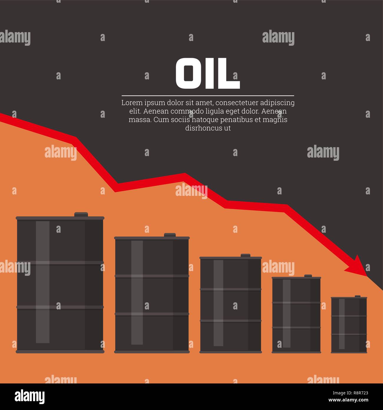 Serbatoi con olio e la pianificazione di caduta. Concetto di riduzione dei prezzi del petrolio. Una illustrazione vettoriale in stile appartamento. Illustrazione Vettoriale