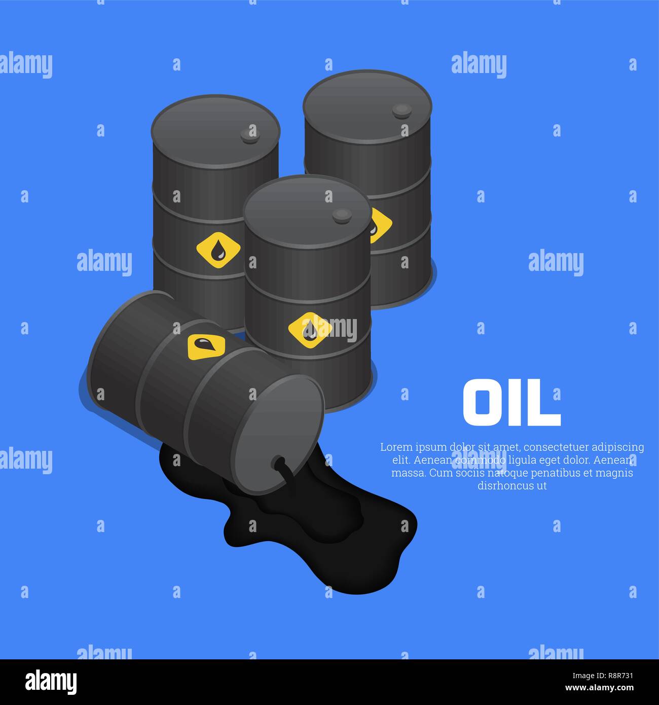 Serbatoi con olio. La giacente canna con fuoriuscite di liquido. Un vettore illustrazione isometrica, 3D stile. Illustrazione Vettoriale