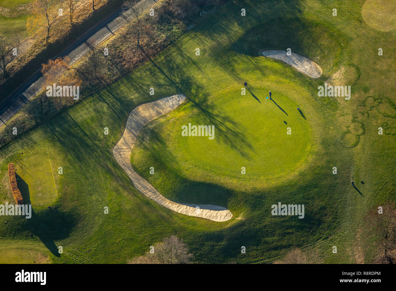 Vista aerea, Gelstern Golf club, ristorante Sascha Heitfeld GC Gastro, driving range, bunker, Verdi, giocatore di golf, campo da golf clubhouse, Wallhecken, Foto Stock