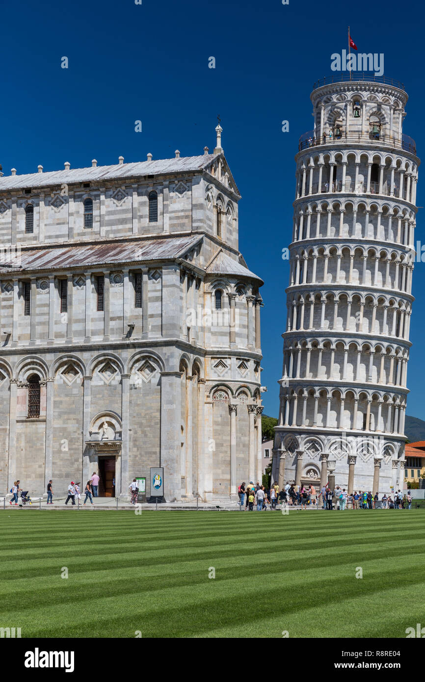 La folla di turisti a visitare la Torre Pendente di Pisa, Toscana, Italia (motion blur tecnica utilizzata per convogliare l incessante afflusso di turisti per questo la Foto Stock