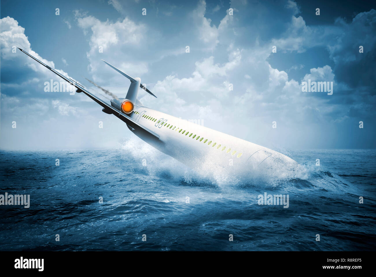 La caduta di incidente aereo schiantarsi dentro l'acqua di mare Foto Stock