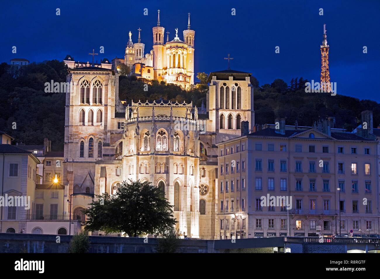 Francia, Rhone, Lione, 5° distretto, il vecchio quartiere di Lione, storico sito elencato come patrimonio mondiale dall' UNESCO, quai Romain Rolland sulla Saone, la Cattedrale di San Giovanni Battista (XII secolo), classificato come monumento storico e la Basilica di Notre Dame de Fourvière (XIX), classificato come monumento storico, in background Foto Stock