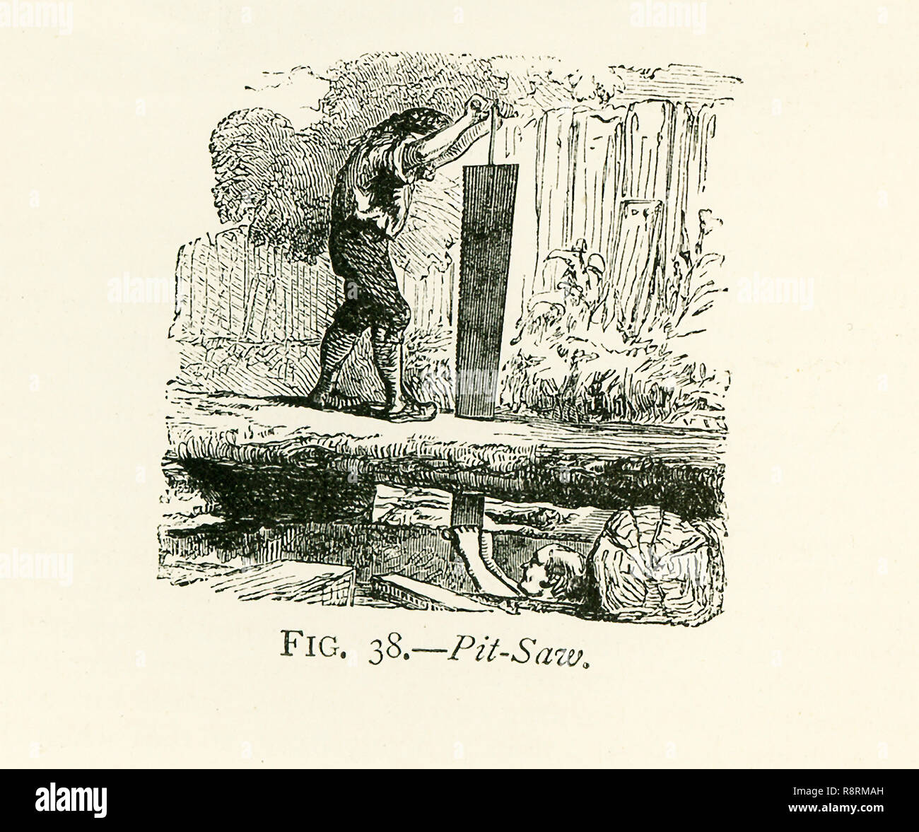 Questa illustrazione risale al 1870 e mostra una buca sega, un grande saw con manici in corrispondenza di ciascuna estremità, utilizzato in posizione verticale da due persone, uno in piedi sopra il legname che deve essere tagliato e gli altri in una fossa al di sotto di esso. Foto Stock