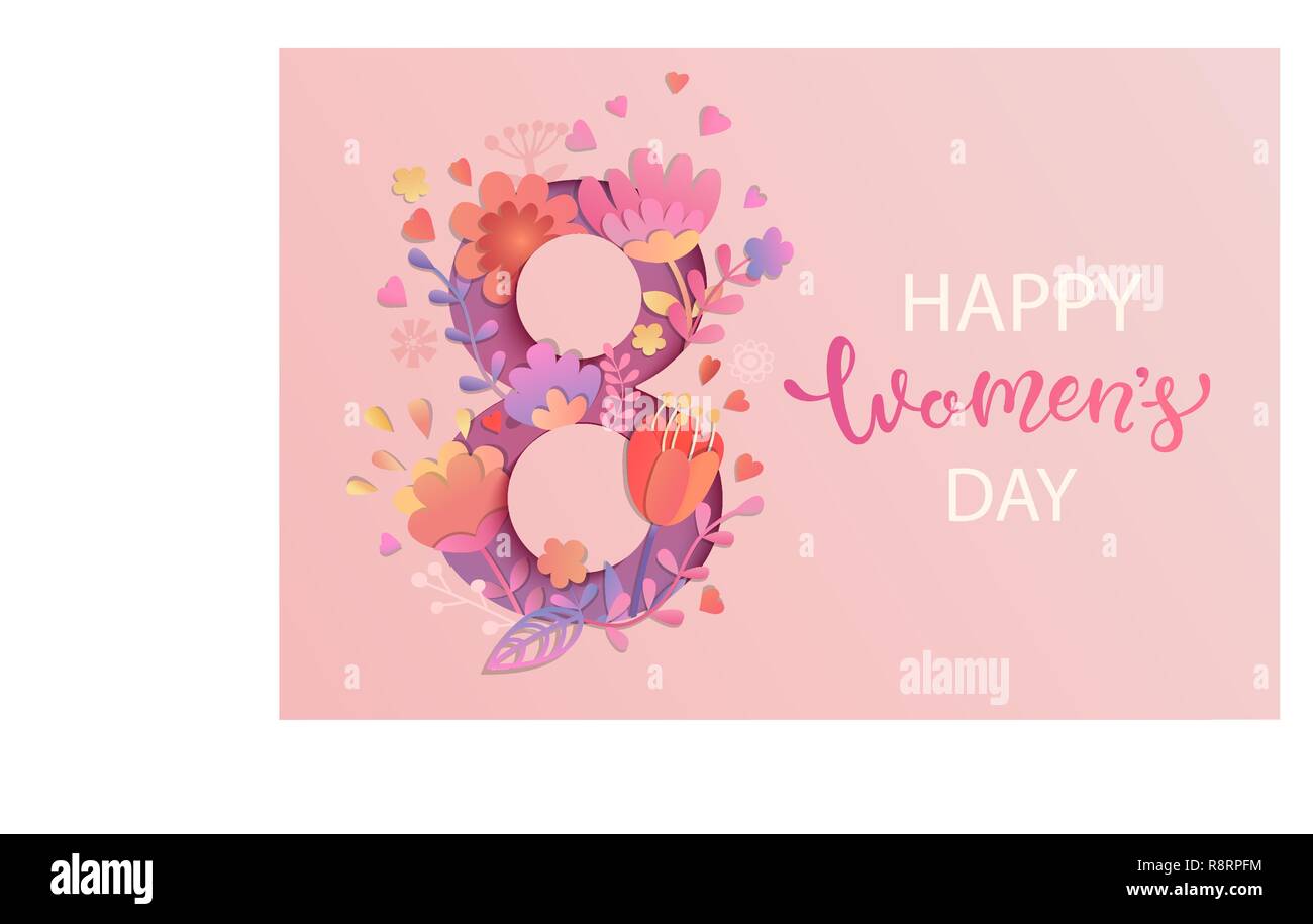 La Giornata internazionale della donna. Banner, flyer per il 8 marzo la decorazione da fiori di carta e disegnati a mano scritte. Congratulazioni e augurando happy holiday card per newsletter, brochure, cartoline. Vettore. Illustrazione Vettoriale