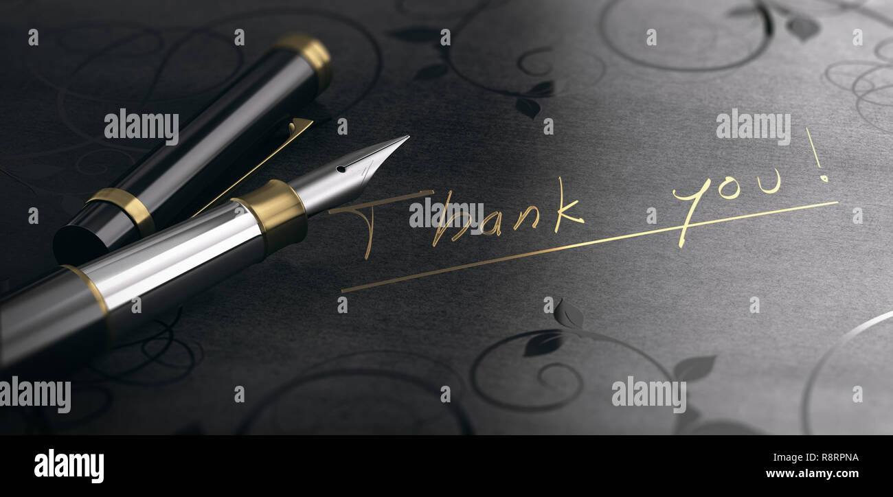 3D illustrazione di un gratidude messaggio su sfondo nero. Grazie scritto in lettere dorate. Foto Stock