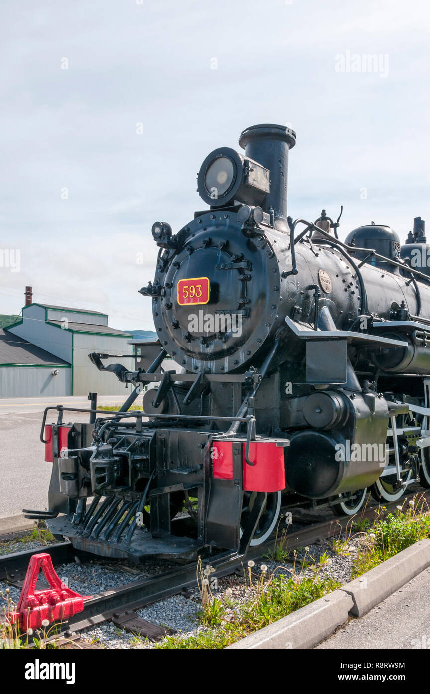 Baldwin locomotiva a vapore 593 noto come Newfie Bullet conservati in Corner Brook, Terranova. Foto Stock