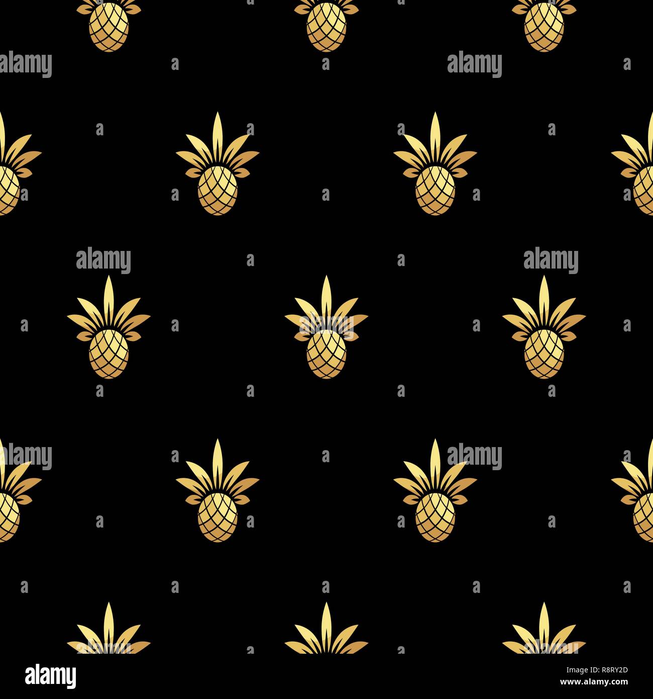 Ananas Gold royal seamless pattern vettoriali su sfondo nero. Illustrazione Vettoriale