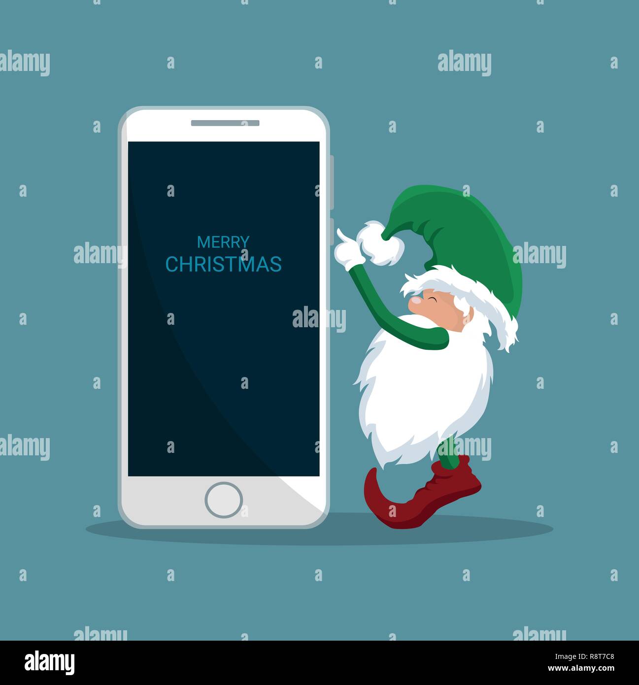 Santa Claus elf premendo un cellulare Illustrazione Vettoriale