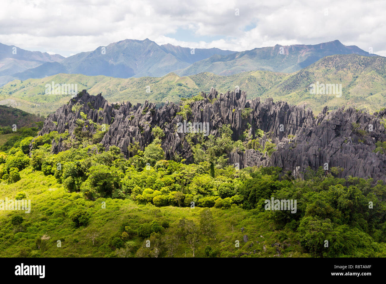 Aghi appuntiti di nero picchi vulcanici. Le montagne vicino al Mont Aoupinie e Poya river, vista aerea. Provincia del Nord, Nuova Caledonia, Micronesia, Oceania. Foto Stock