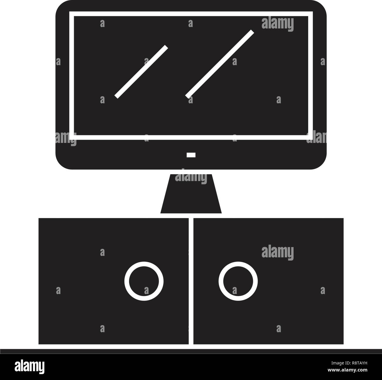 La Tv su un comodino nero concetto vettoriale icona. La Tv su un comodino illustrazione piana, segno Illustrazione Vettoriale