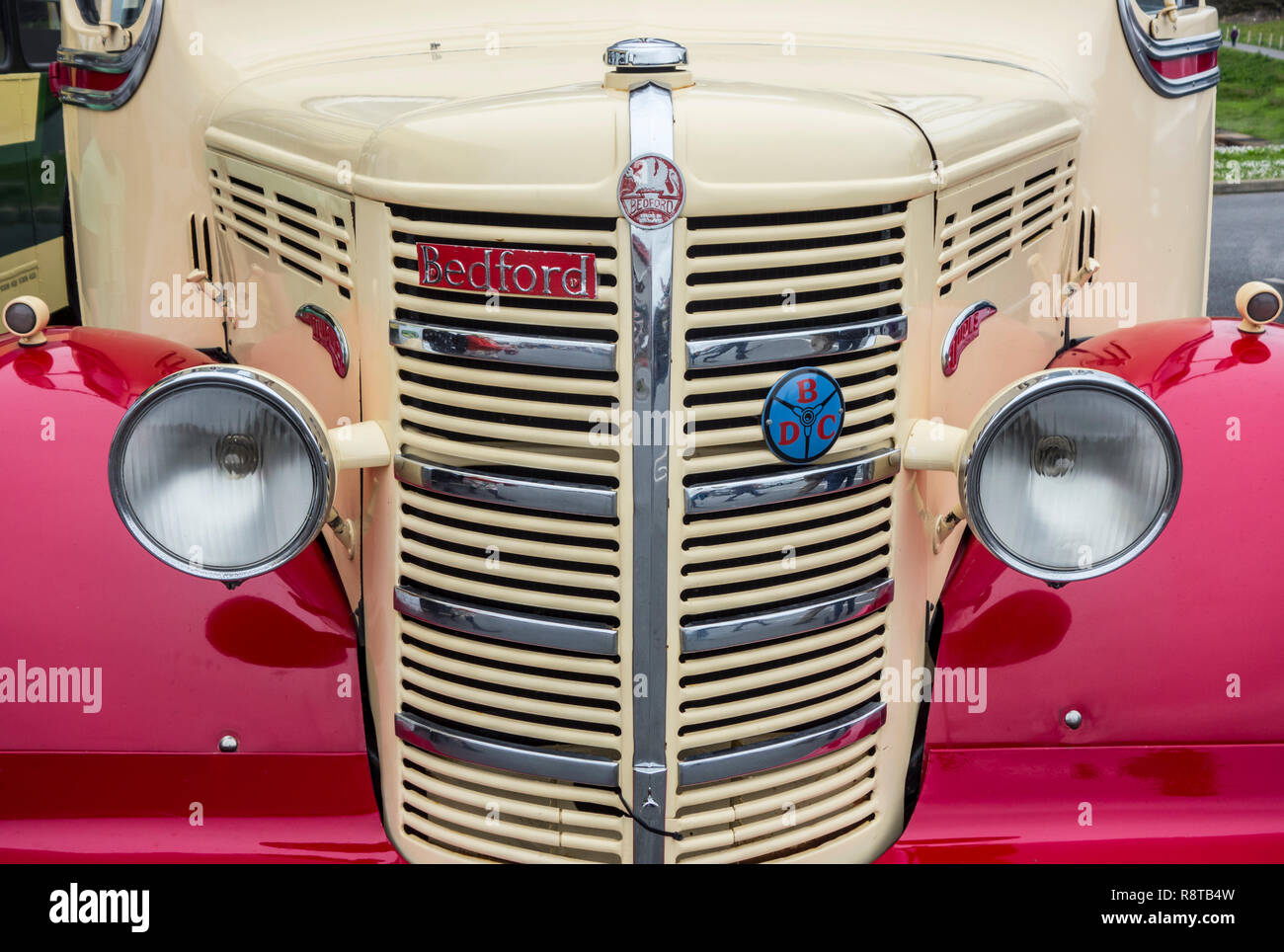 1950 Bedford OB Duple Vista pullman, close up della griglia del radiatore e fari anteriori Foto Stock
