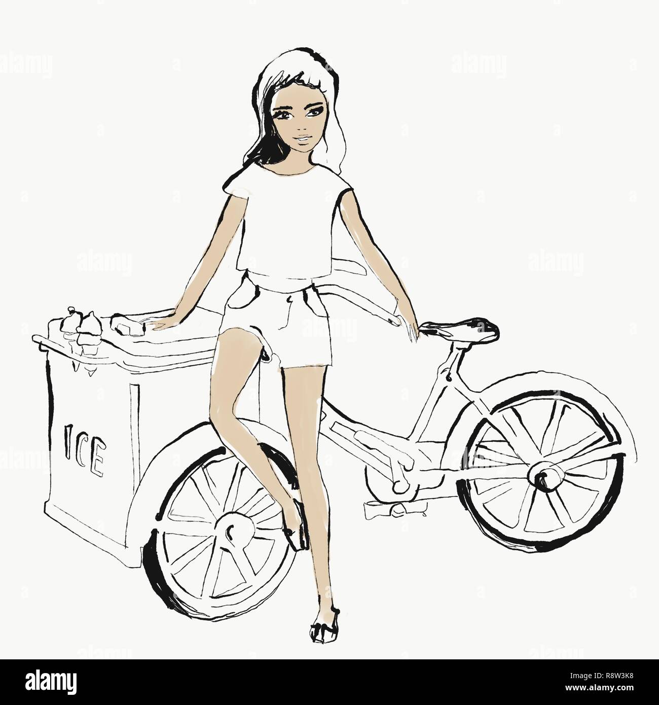 Ragazza giovane con gelato bike Foto Stock