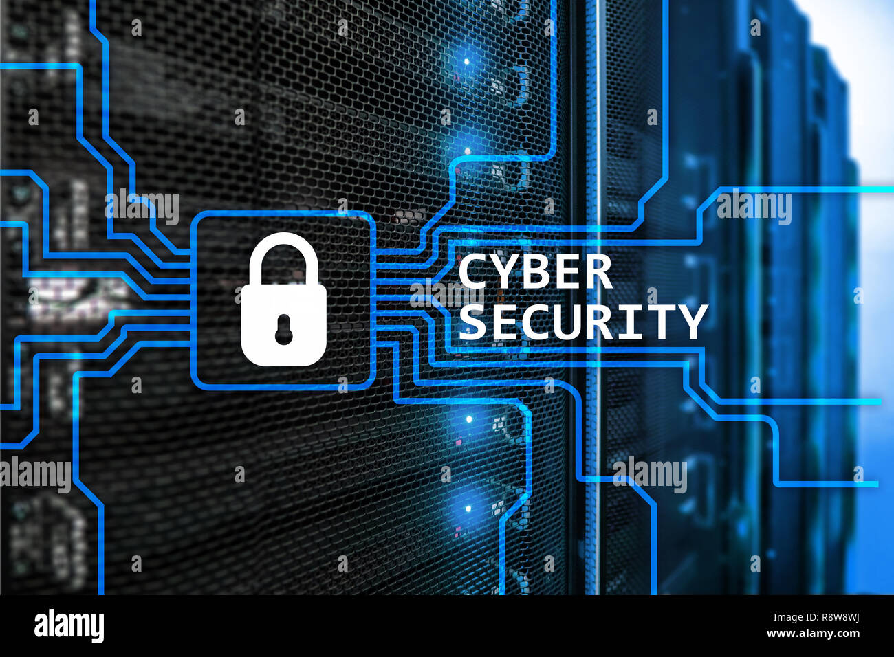 Cyber security, informazioni privacy e protezione dei dati concetto sulla sala server sfondo. Foto Stock