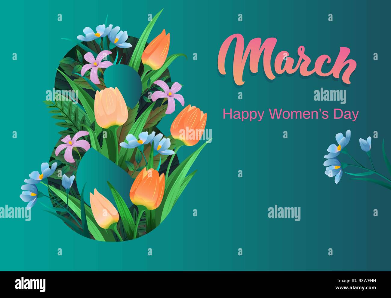 Felice giornata della donna, flyer, congratulazioni card il 8 marzo con fiori Illustrazione Vettoriale