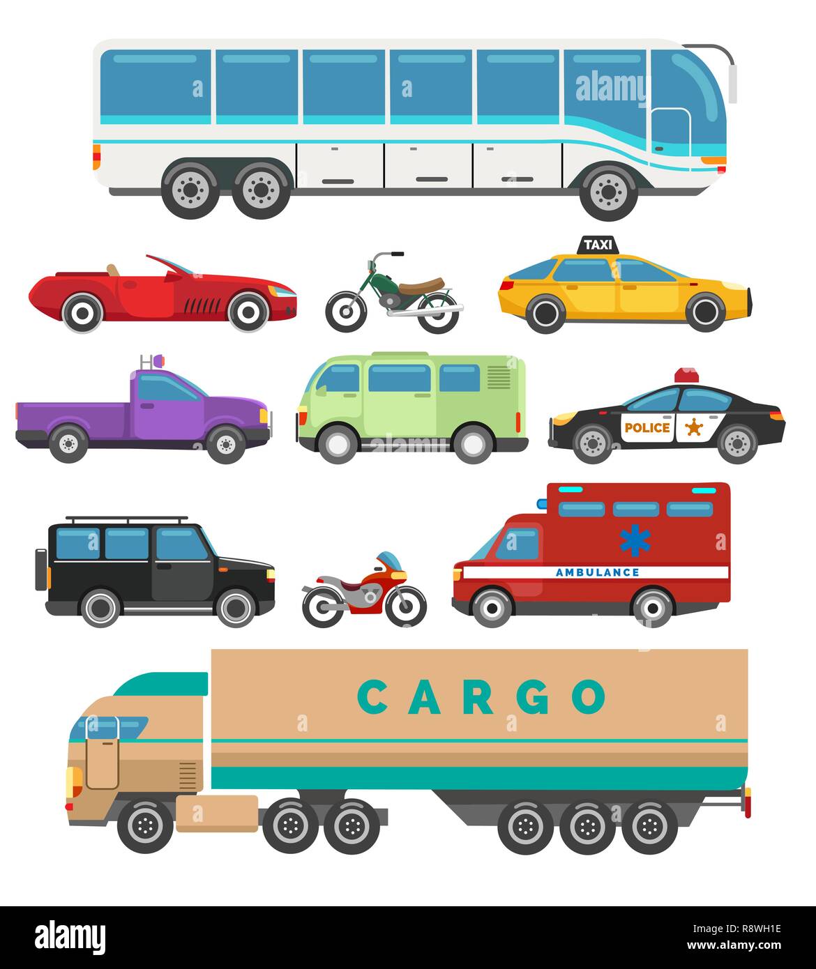 Veicolo urbano set. Set di city cars, illustrazione di vettore di trasporto con taxi e polizia, bus e motorcycleurban flat Illustrazione Vettoriale