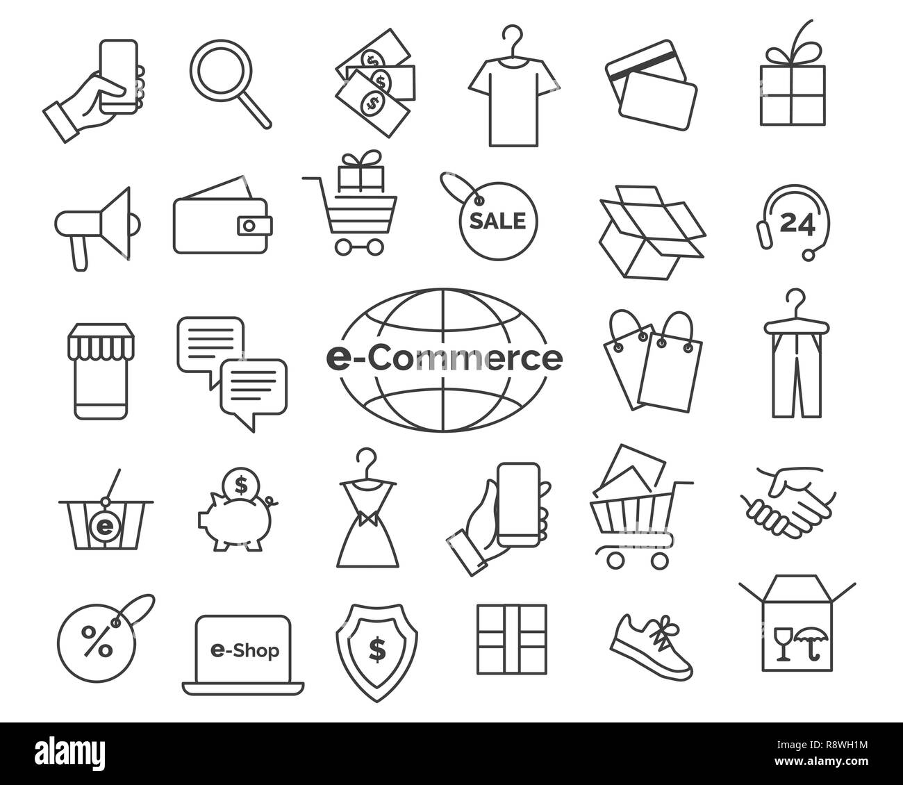L'E-commerce le icone della linea. Lo shopping online e la consegna di elementi in linea sottile stile, vendita al dettaglio tramite web icon set, semplice illustrazione vettoriale Illustrazione Vettoriale