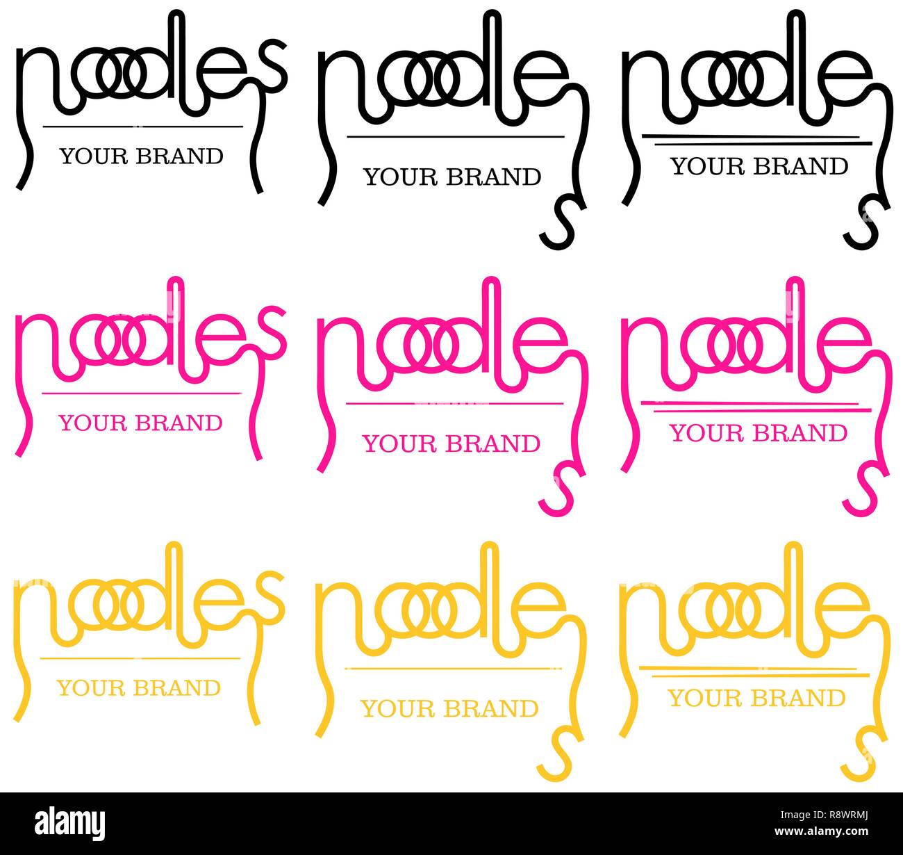 In stile minimalista noodle logo della parola in diverse versioni, tipografia Illustrazione Vettoriale
